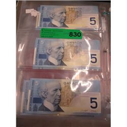 6 Canadian $5 bills - 2 sets of sequenced notes