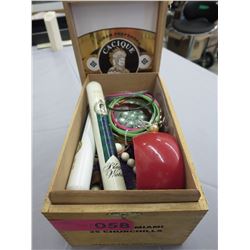 Wood Indian cigar box & contents