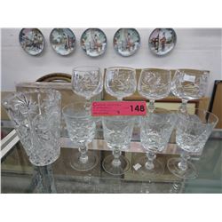 8 Pinwheel Crystal Glasses & 1 Vase