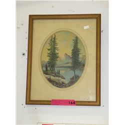 Vintage framed print of a mountain scene