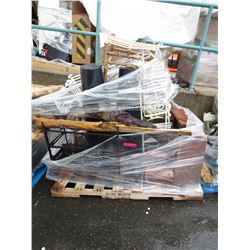 Pallet of misc. garden ornaments & shelves