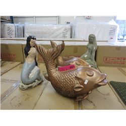 2 Cast metal Koi fish & 2 concrete mermaids