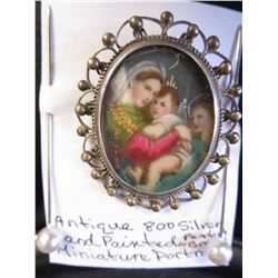 ANTIQUE - Silver framed miniature portrait -brooch