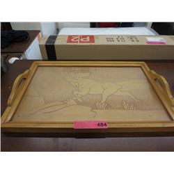 Vintage wood tray with carved moose motif