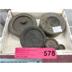 Cigar box of 6 antique brass & iron scale weights