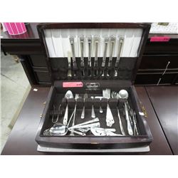 Wood cutlery chest & contents