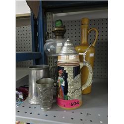 Vintage oil lamp, stein, stoppered jug & pewter