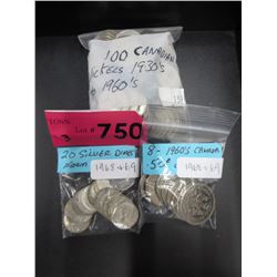 20x 1960's Dimes, 100 CDN Nickels & 8x 1960's .50c