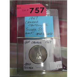 2x 1967 Canadian silver Wolf .50 cent pieces