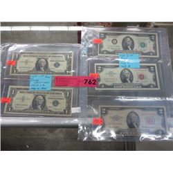 3 USA $2 bills & 2 USA $1 Silver certificates