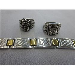 Stainless Steel man's bracelet with 2 Buddha rings