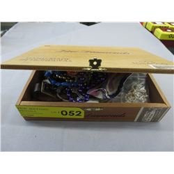 Old Wood Cigar Box of Assorted Jewelry Pieces