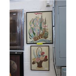 2 Vintage Handmade Needlework Pictures