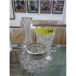 3 Crystal vases - 1 with frog screen on top