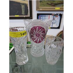 3 Lead glass vases