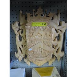 Carved wood heraldic "Hunt" shield