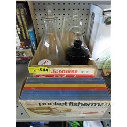 Vintage collectible bottles & a pocket fisherman
