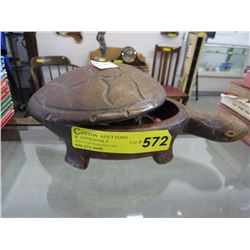 Carved wood turtle box & contents