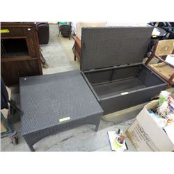 Woven plastic patio storage chest & table.