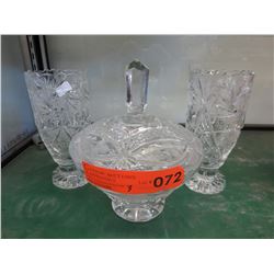 2 Crystal vases & lidded dish