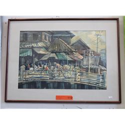 Original watercolour of bikes on a bridge