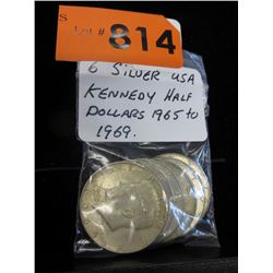 6 x Silver USA Kennedy Half Dollars - 1965-69