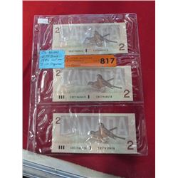 3 CDN $2 dollar bills in sequence - 1986
