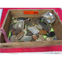 Wood box of stone samples and slices - 40 + pieces
