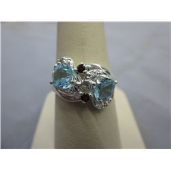 Blue Topaz & Garnet ring set with 2 Diamonds