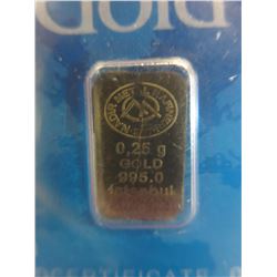 1/4 gram .999 Solid Gold bar in tamper proof pack