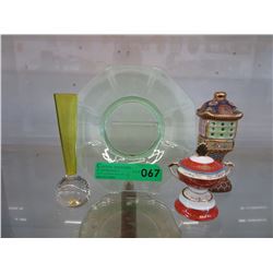 Uranium glass plate, vase & Chuba incense burners