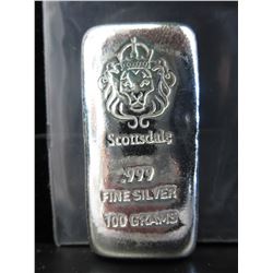 100 g  Hand-Poured Scottsdale Mint .999 Silver Bar