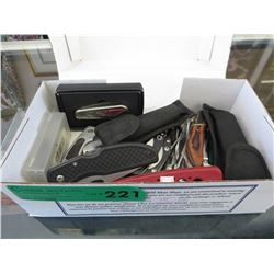 Box of new and used folding knives-many with logos