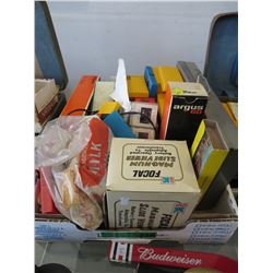 Box of vintage slides, slide viewer and more