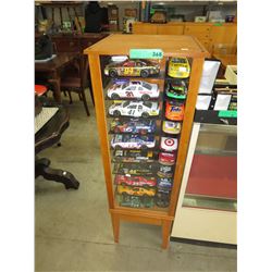 Scale model NASCAR cars in display case