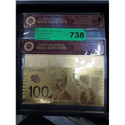 2 Gold foil banknotes - Canadian $100 impressions