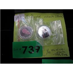 2 x  1/10th oz. Silver colourized coins - .999 Fine