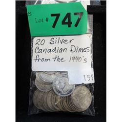 20 Canadian 1940's Silver Dimes