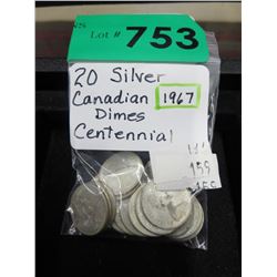 20 Silver Canadian Dimes - 1967 Centennial.