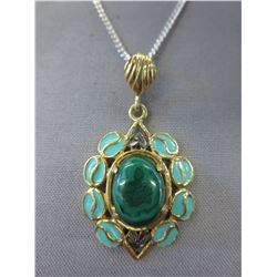 Green Malachite pendant set with 2 Diamonds