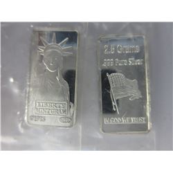2 Scarce 1985 Silver Liberty bars -  .999 Silver