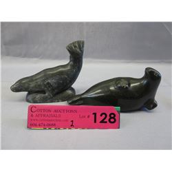 2 Carved Stone Inuit Seals - 1 Numbered + 1 Signed