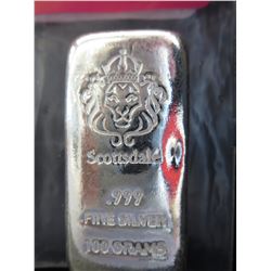 100 g Scottsdale Lion .999 Silver Hand-Poured Loaf