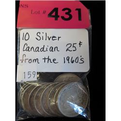 10 Silver Canadian 25 cent coins - 1960's