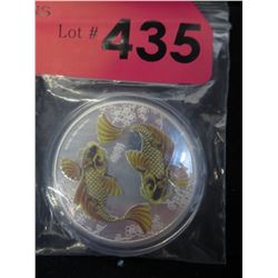 Silver plated 1 oz. colourized Koi fish coin