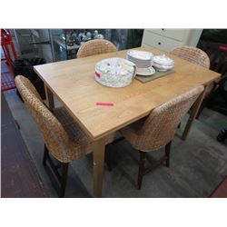 Draw leaf pine table with 4 woven chairs - used