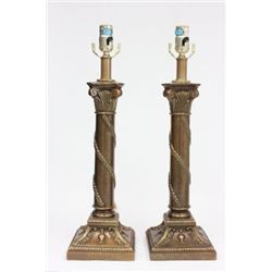 Pair brass column lamps