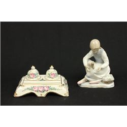 Lladro style figure & Porcelain inkwell