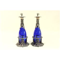 Pair of cobalt glass & silver plated clarets
