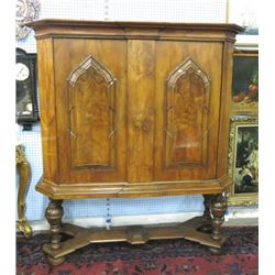 19th c. figured walnut cabinet on later stand